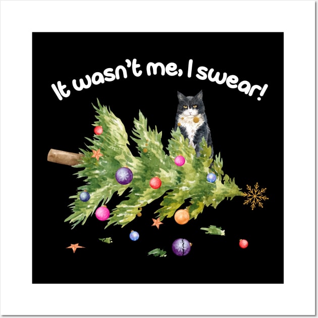 It wasn't me, I swear! Funny Cat With Fallen Christmas Tree Cat Lover Christmas Gift Wall Art by BadDesignCo